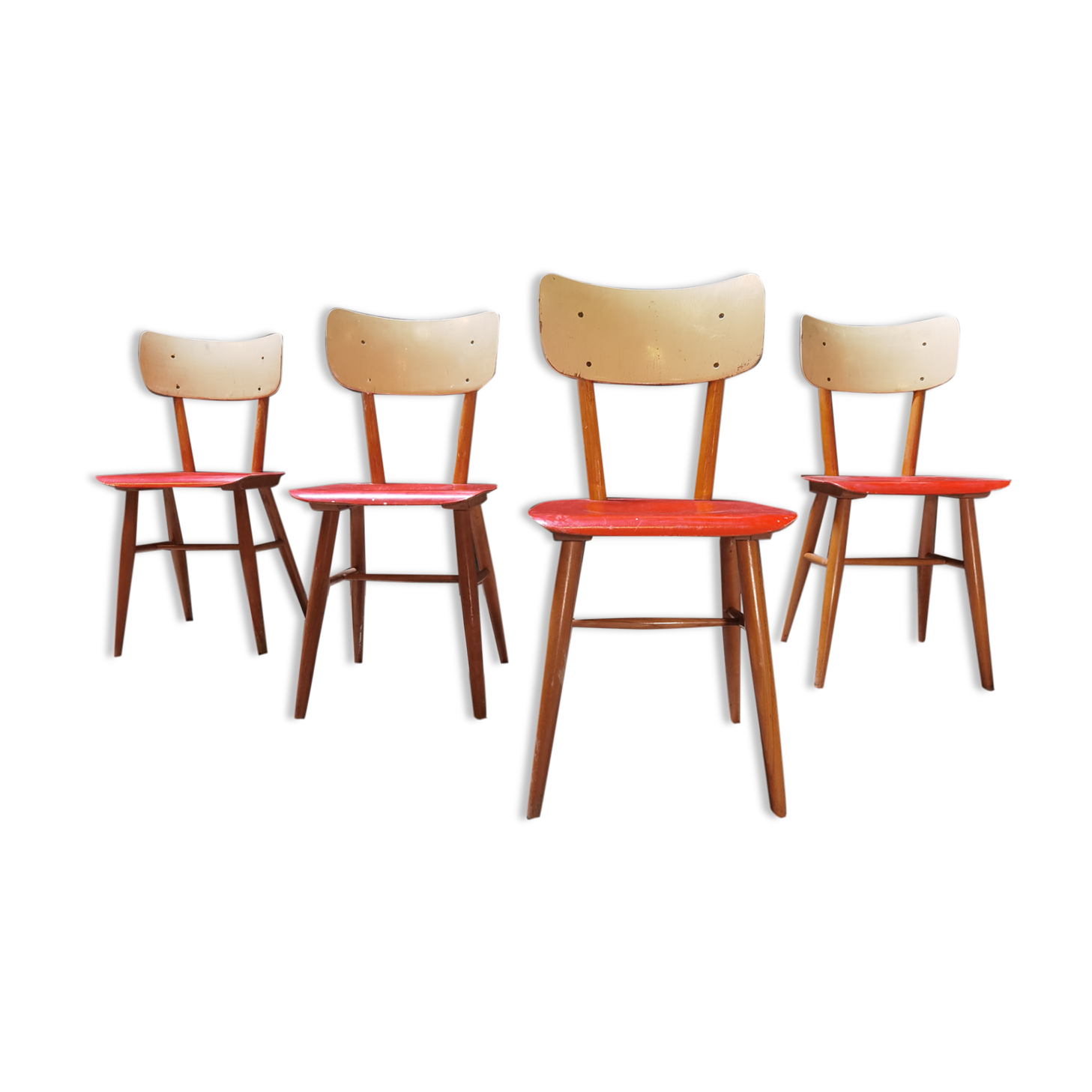 Set of 4 red wooden chairs published by Ton, 60s