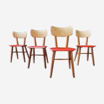 Lot de 4 chaises rouge bois éditées par Ton, années 60