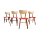Set of 4 red wooden chairs published by Ton, 60s