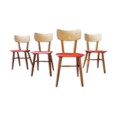 Lot de 4 chaises rouge bois éditées par Ton, années 60