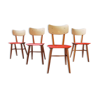 Lot de 4 chaises rouge bois éditées par Ton, années 60