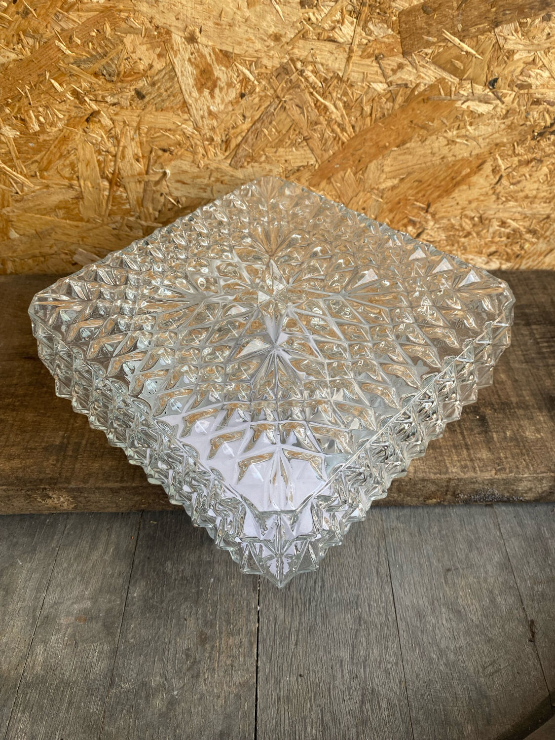 Square Ceiling Light Fixture, Vintage Moulded Glass + White Metal Support #