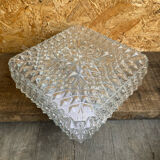 Square Ceiling Light Fixture, Vintage Moulded Glass + White Metal Support #