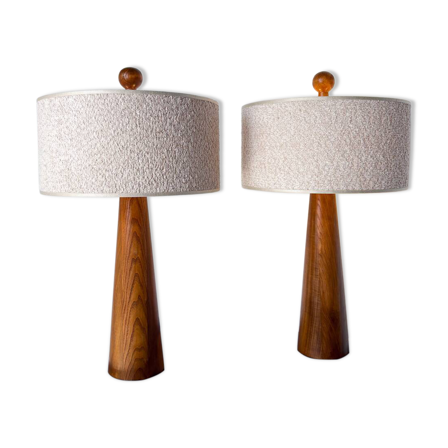 Pair of Modern Conical Wooden Table Lamps, Bouclé Lampshade,Italy