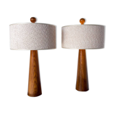 Paire de lampes de table coniques modernes en bois, abat-jour en tissu bouclé, Italie