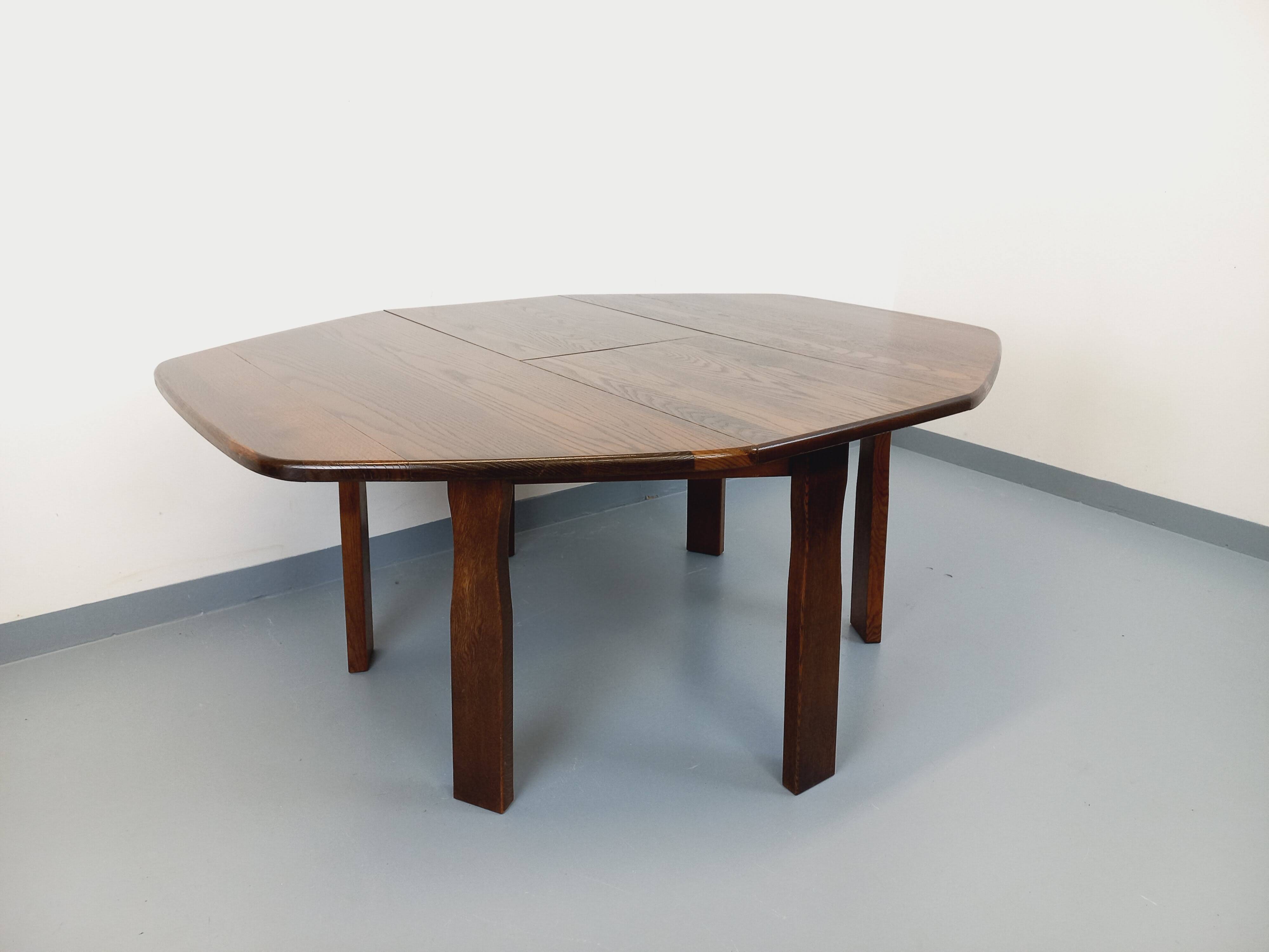 Vintage brutalist hexagonal dining table made of oak from the 1950s.