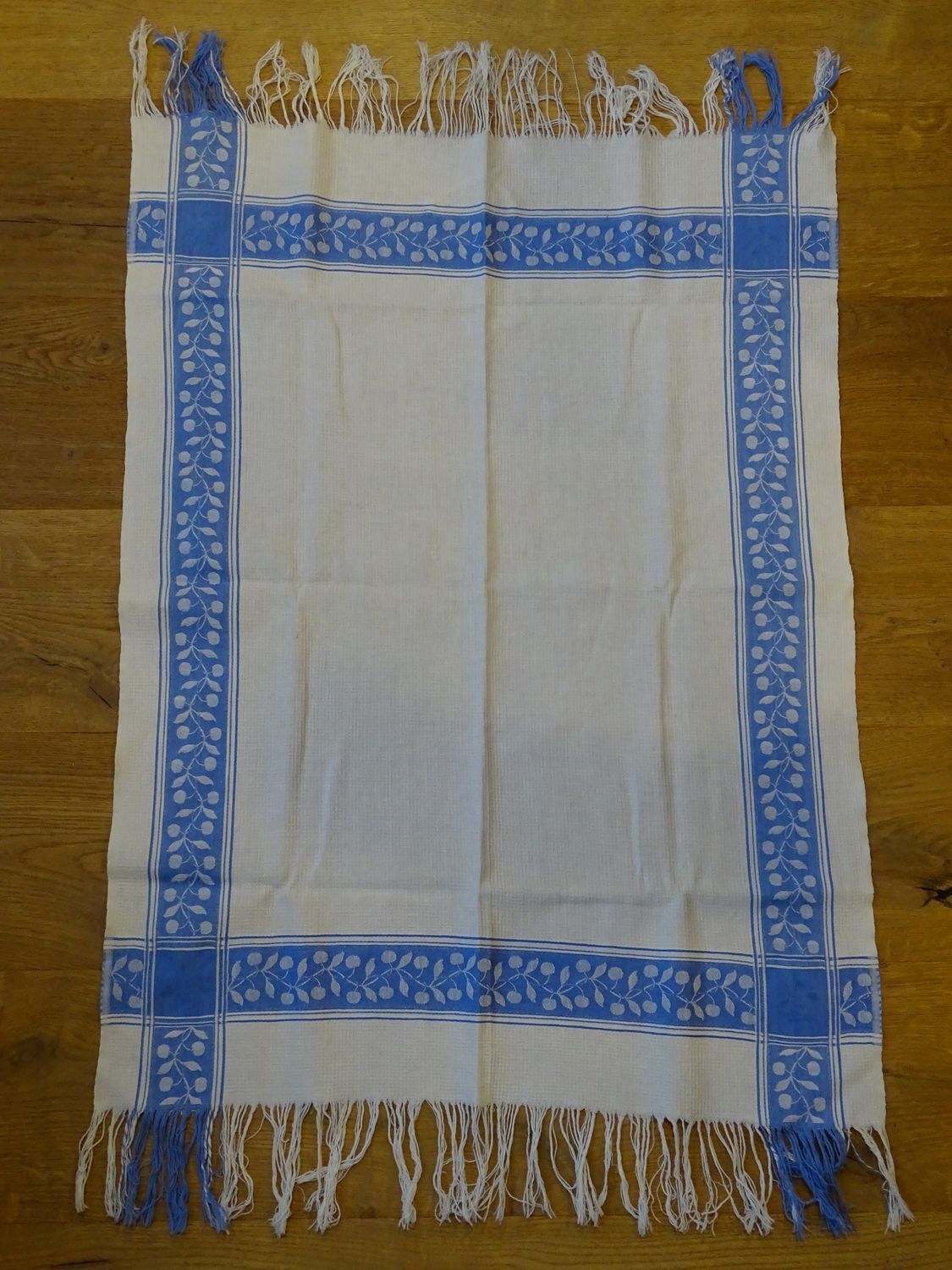 Lot of 2 old and cotton tea towels - Pretty blue friezes - Franges - Circa 1920-1930