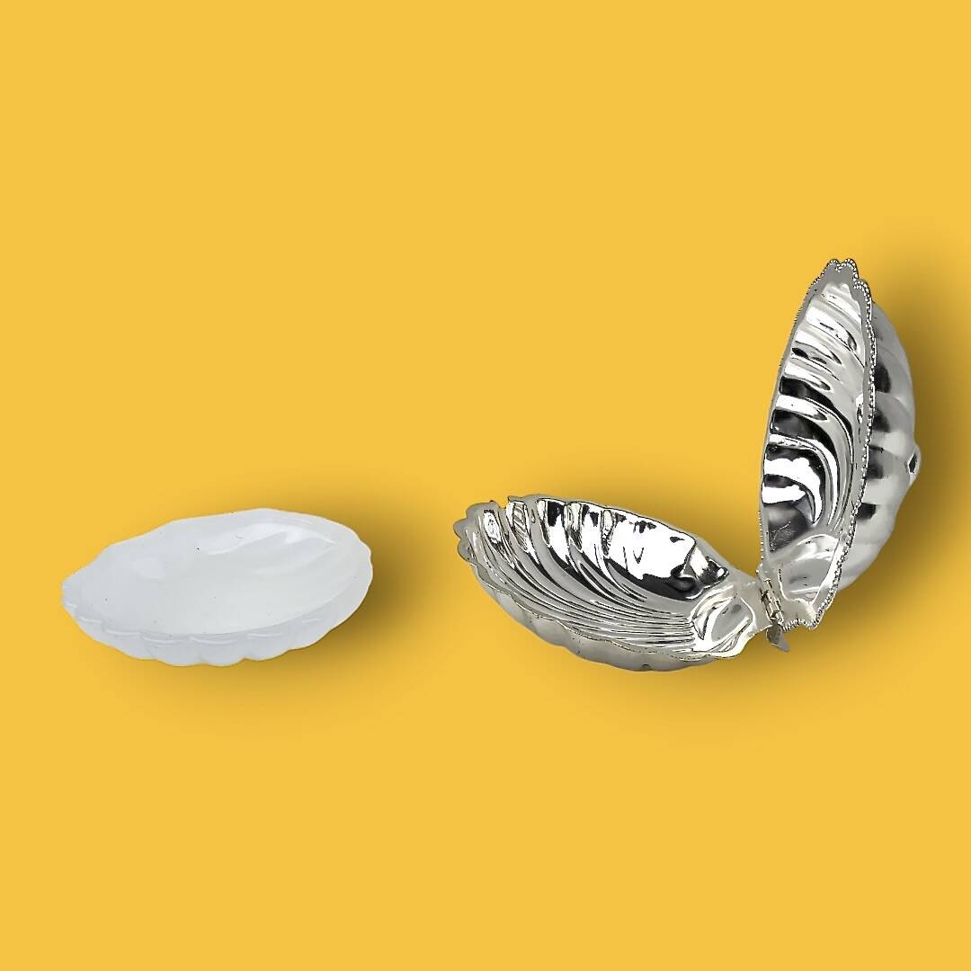 Vintage silver-plated metal and glass shell butter dish with knife