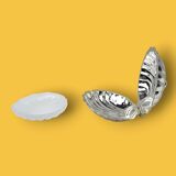 Vintage silver-plated metal and glass shell butter dish with knife