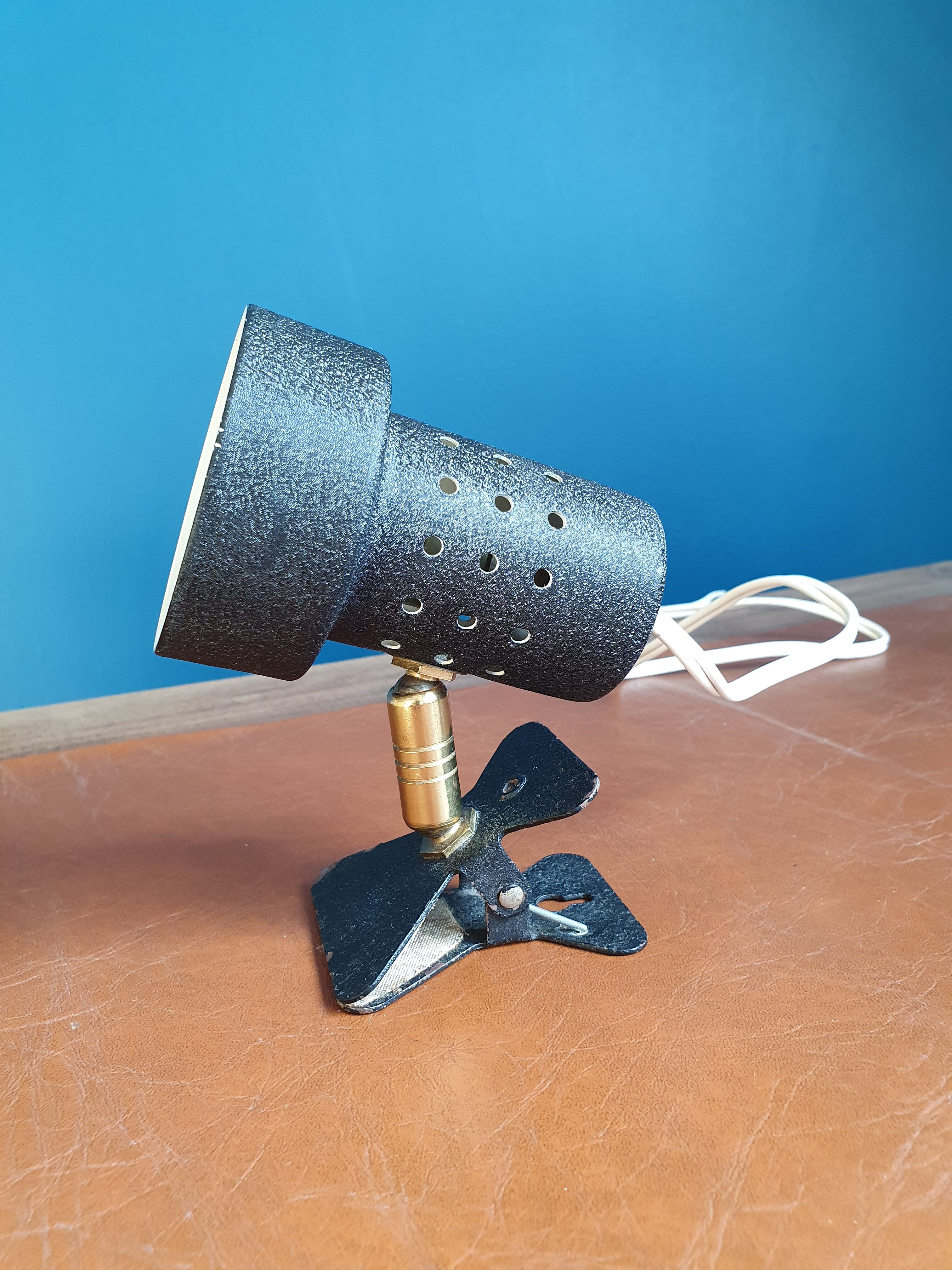 Black metal clip-on lamp articulated 70's