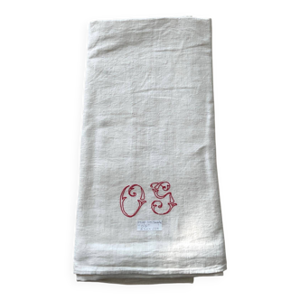 Drap ancien en lin naturel monogramme OG