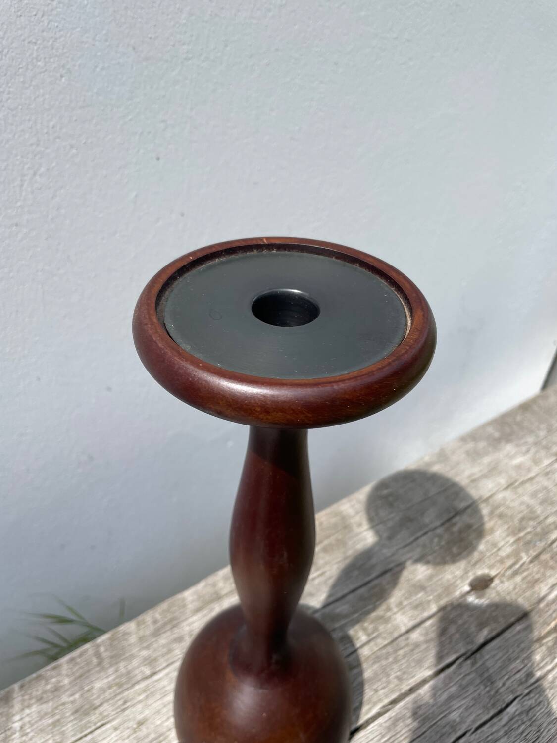 Trio of large turned wooden candlesticks