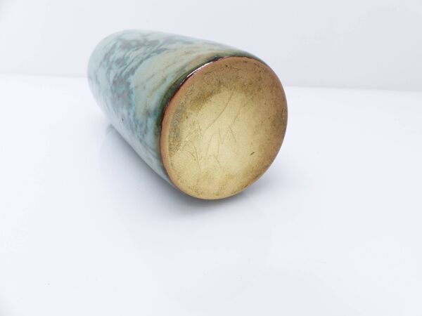 Vase bouteille en grès émaillé vert à reflets cuivrés 1960-1970