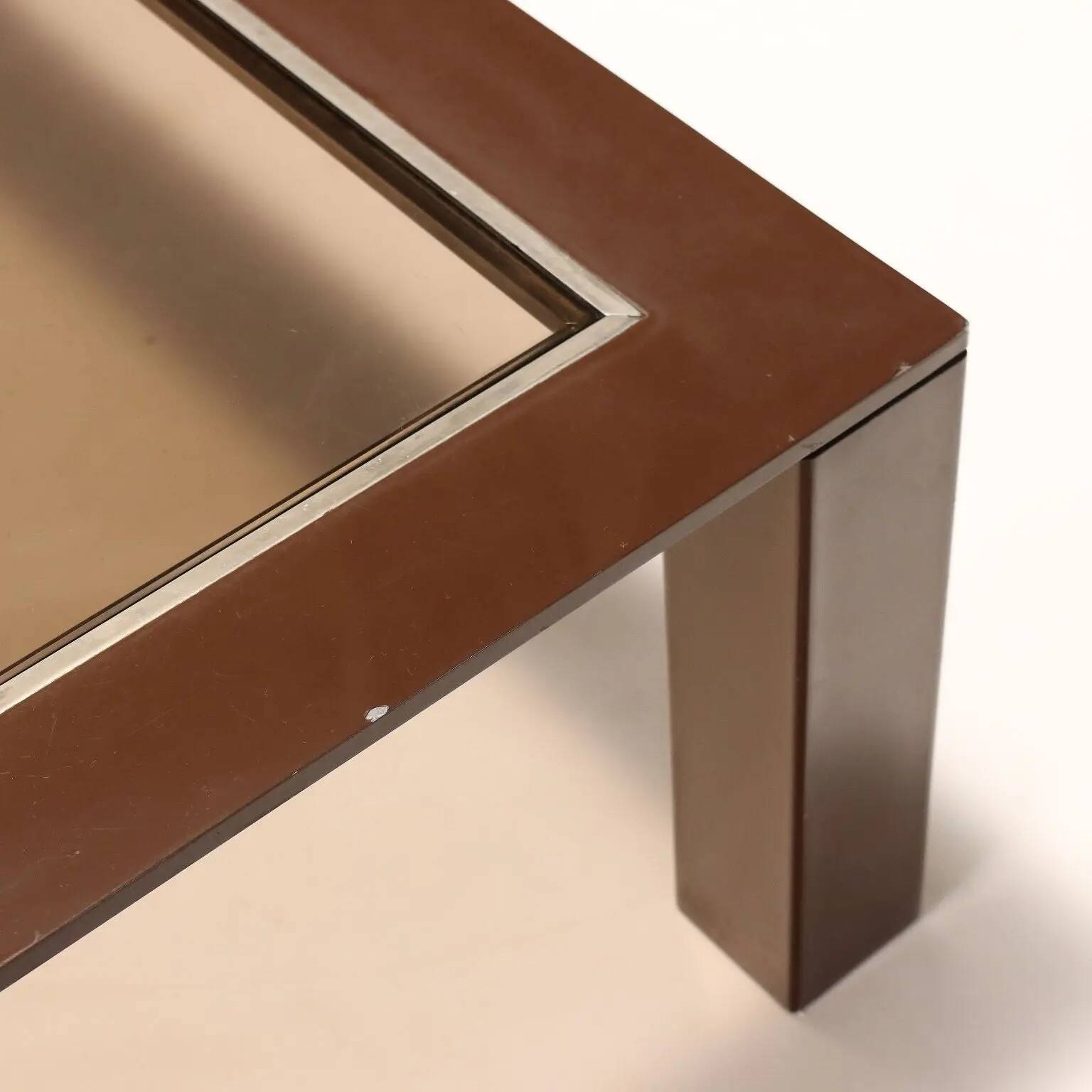 Vintage coffee table from the 1970s-80s in enamelled metal and smoked glass.