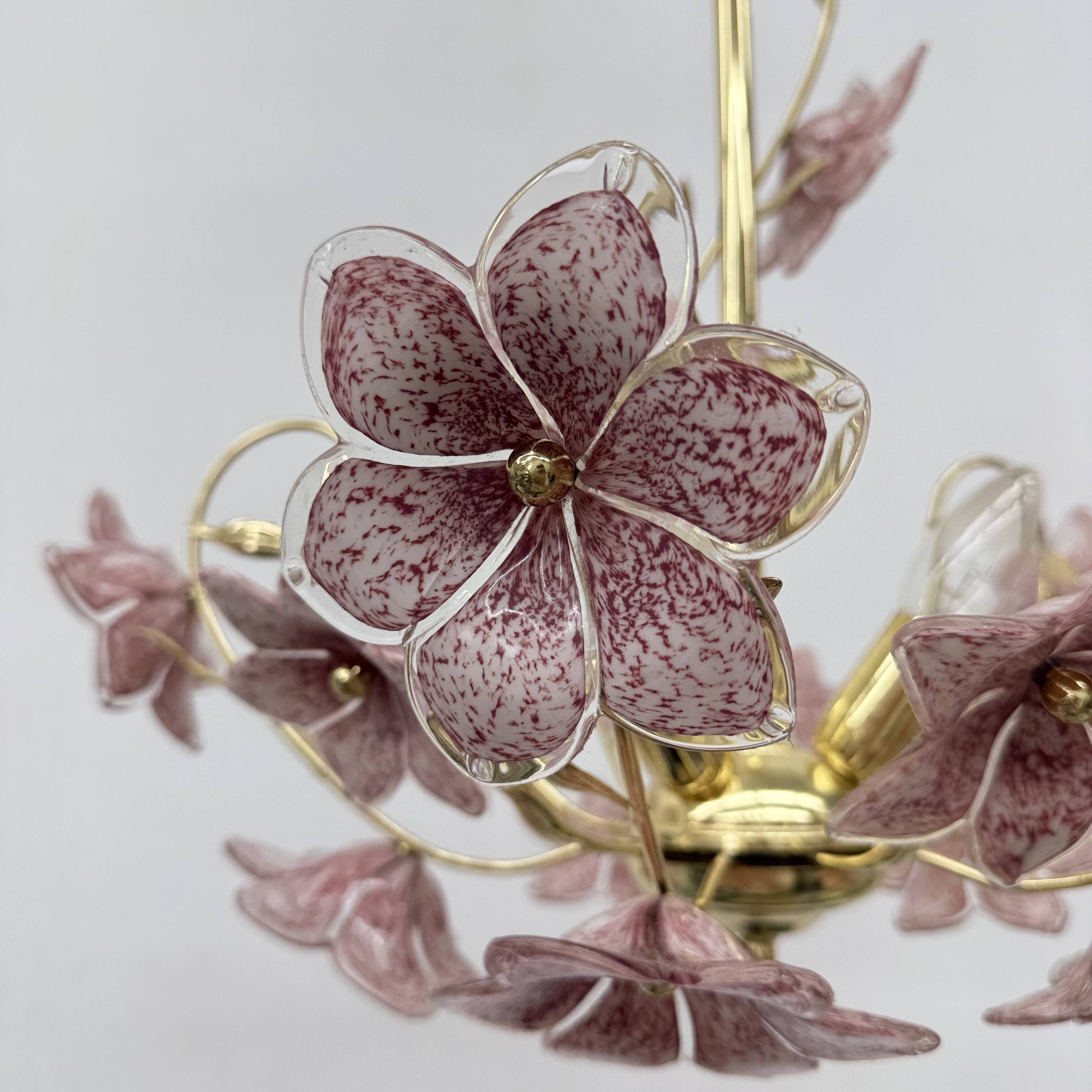 Chandelier with mourn glass pink flowers , 1970s