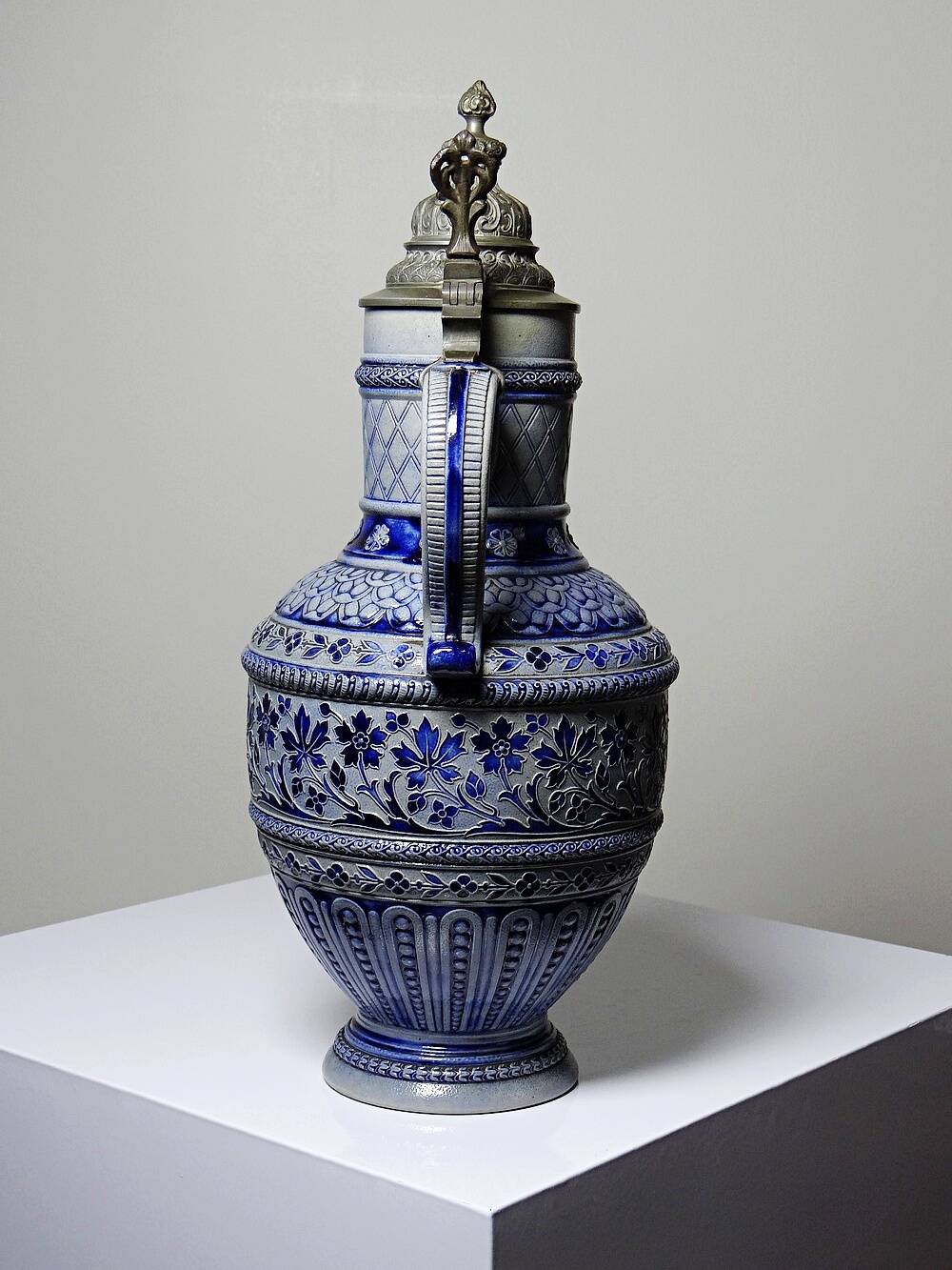 Large beer pitcher in salt-glazed stoneware and pewter, Germany, Westerwald type