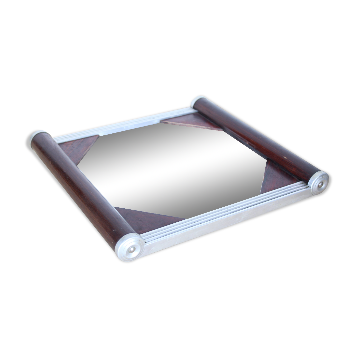 Mirror tray serving aperitif, wood and glass, art deco style
