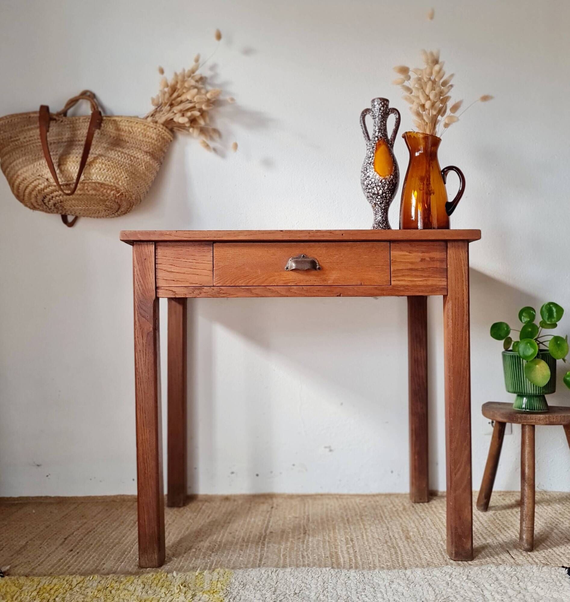 Solid wood table - vintage wooden desk with drawer