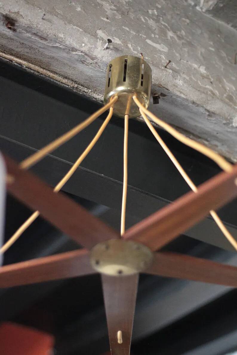Teak and opaline pendant light, Scandinavian ceiling lamp, vintage wooden pendant with 5 lights, decor.