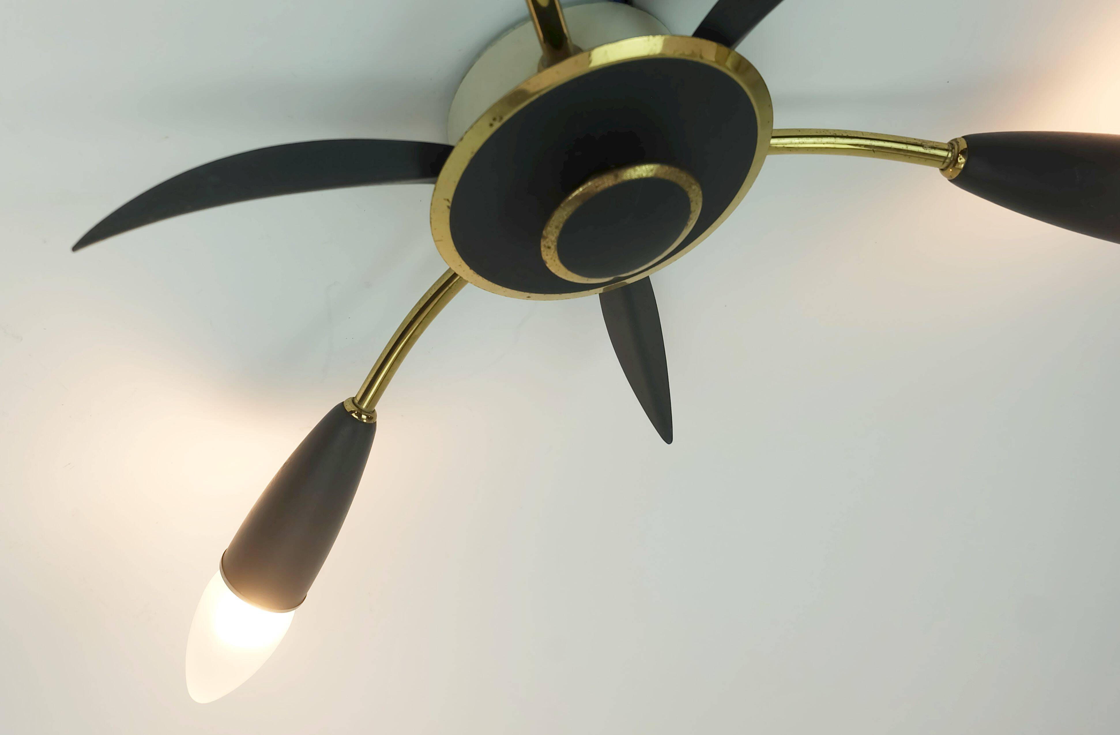 1950s mid century sputnik 3-light CEILING FIXTURE brass and dark grey metal