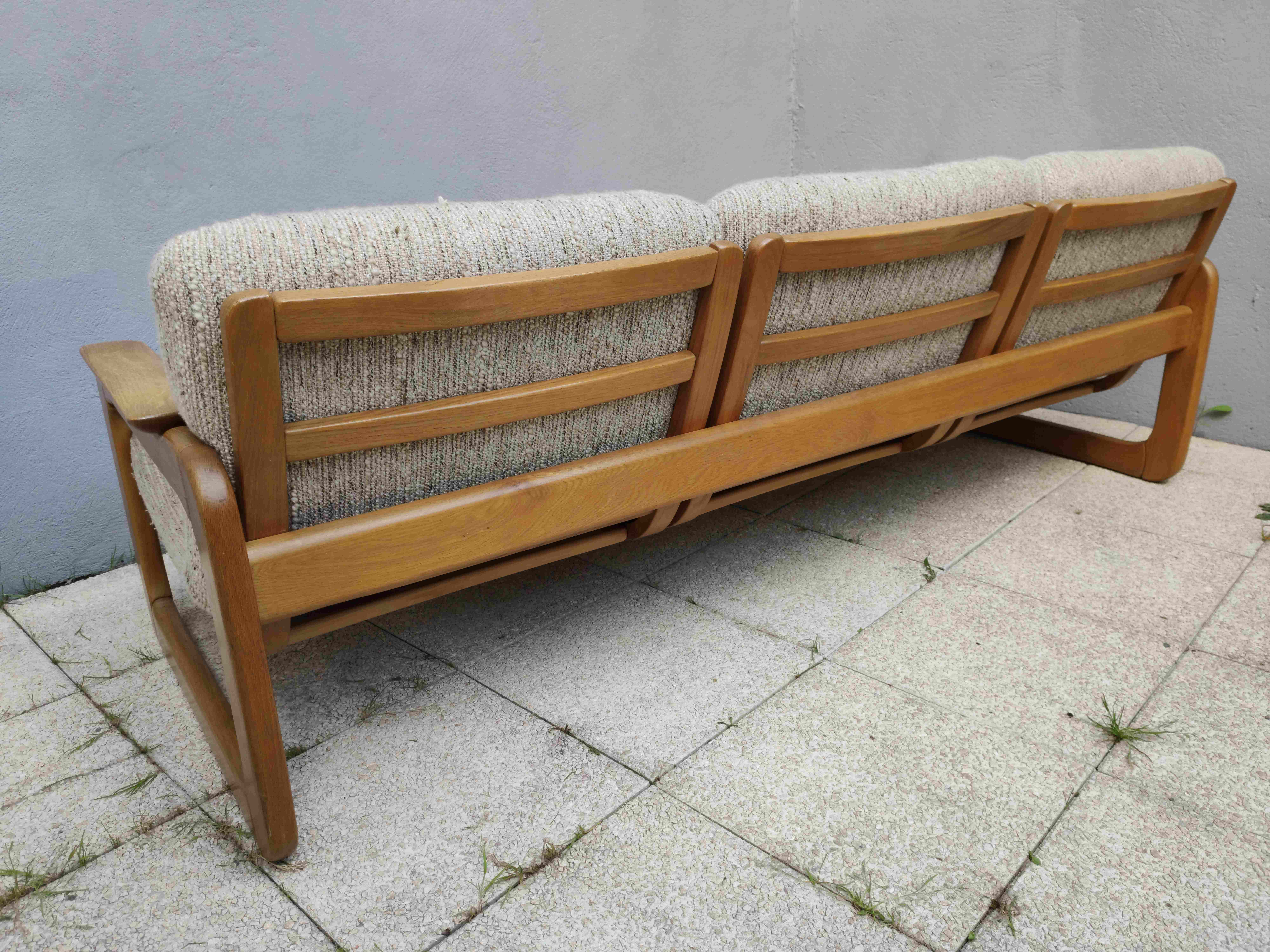 Set of 3-seater sofa + sled chair, 60/70's in oak