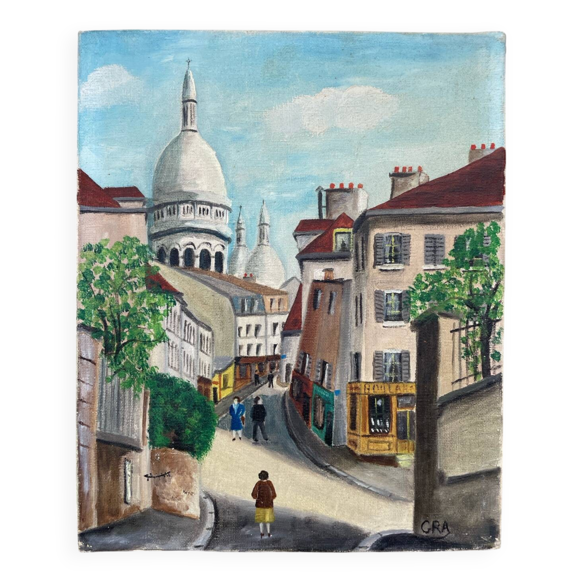 Old oil painting depicting a street in Montmartre