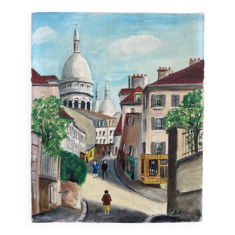 Old oil painting depicting a street in Montmartre