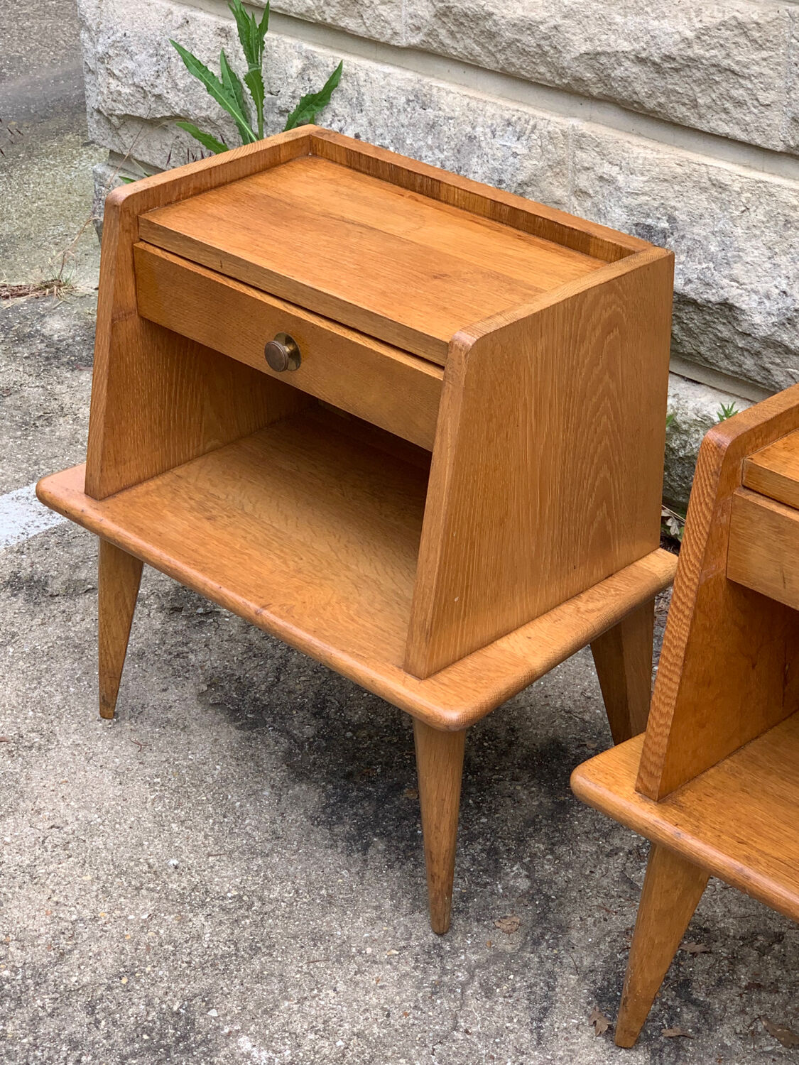Pair of bedside feet compass solid oak vintage 1950