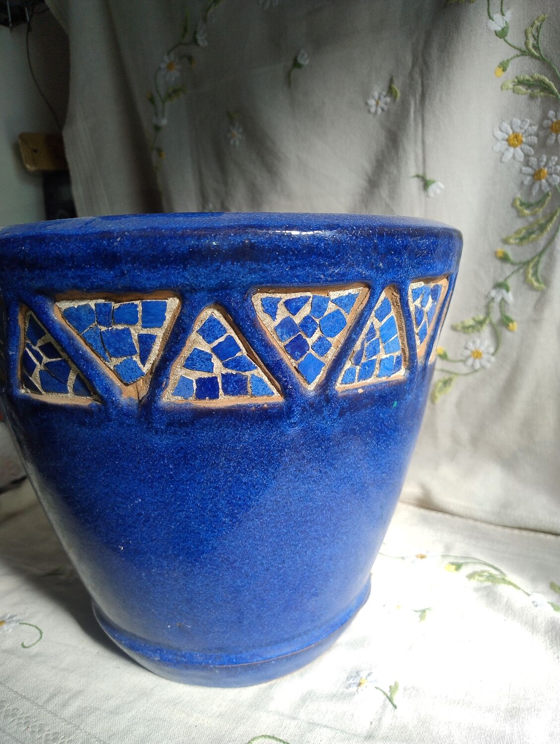 Blue ceramic planter with mosaic frieze