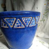 Blue ceramic planter with mosaic frieze
