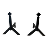 Pair of Modernist Black Iron Andirons with Diamond Finials and Angled Bases