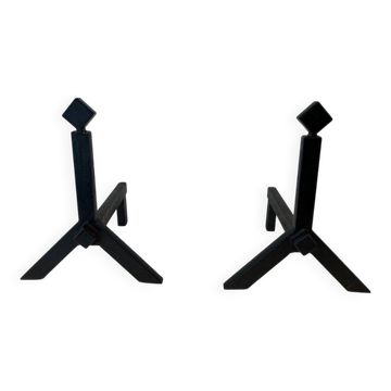 Pair of Modernist Black Iron Andirons with Diamond Finials and Angled Bases