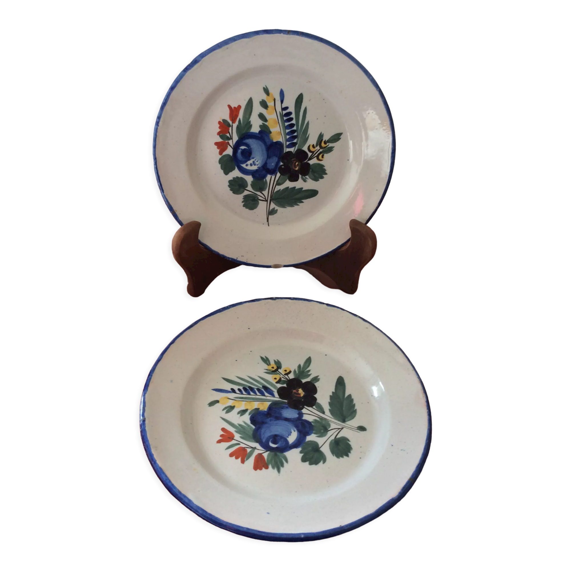 Set of 2 old painted terracotta plates enamelled