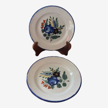 Set of 2 old painted terracotta plates enamelled