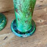 Trio of Tamegroute candlestick holders in enamelled ceramic.