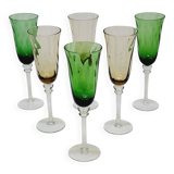 6 Flûtes A Champagne En Verre Soufflé Torsadé 2 Couleurs Vert Et Ambré