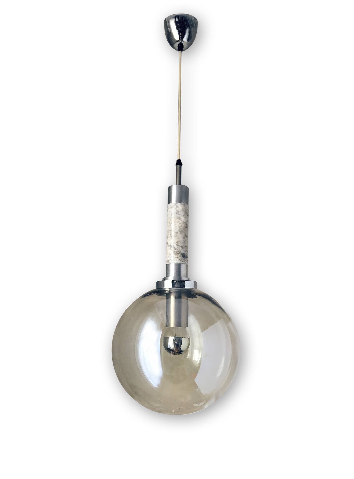 Scandinavian pendant light in brushed stainless steel marble and smoked glass globe. 1970