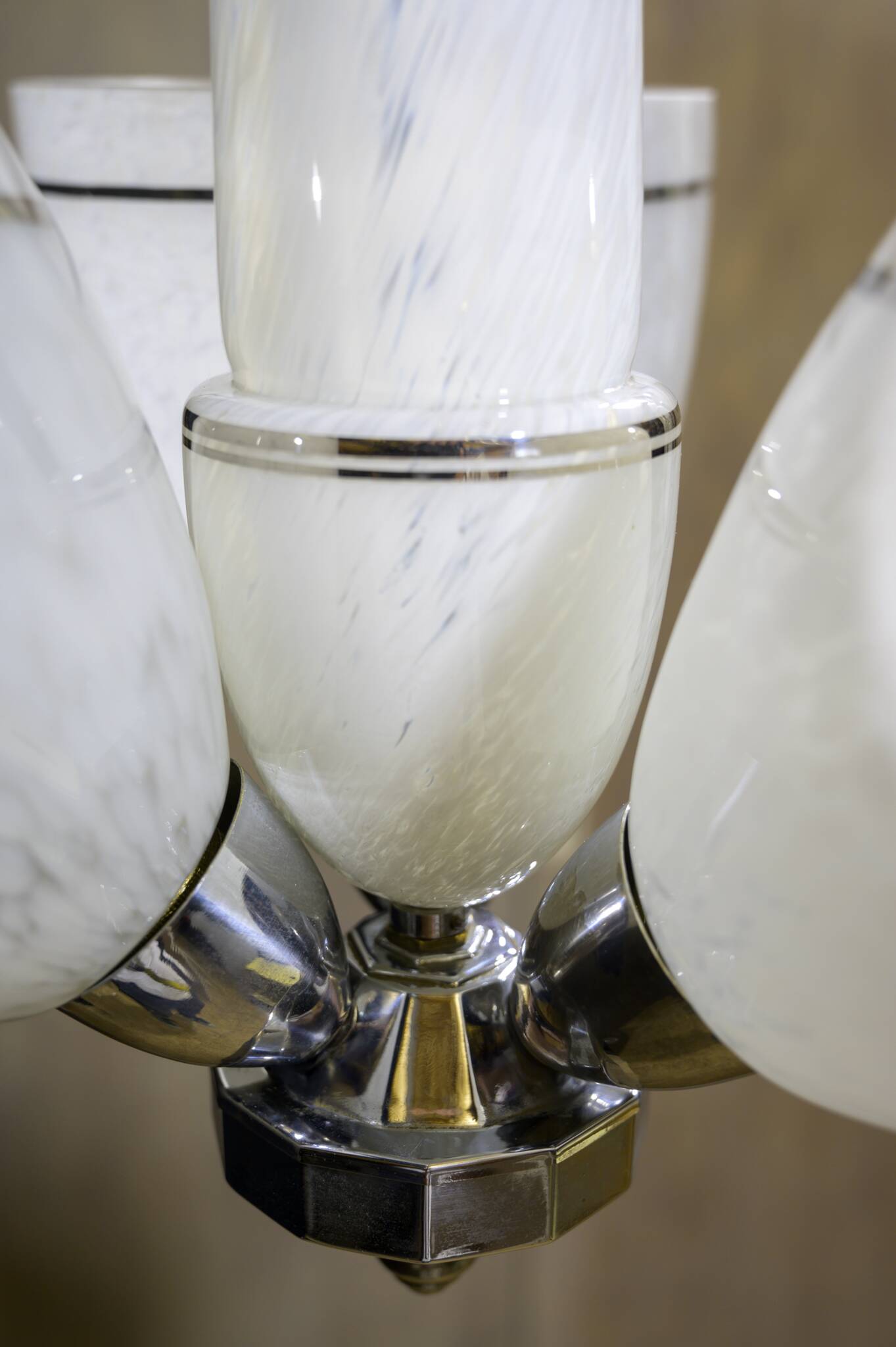 Art Deco chandelier/suspension with 3 domes in mixed glass and chrome metal