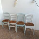 Suite of 4 chairs in wood and straw