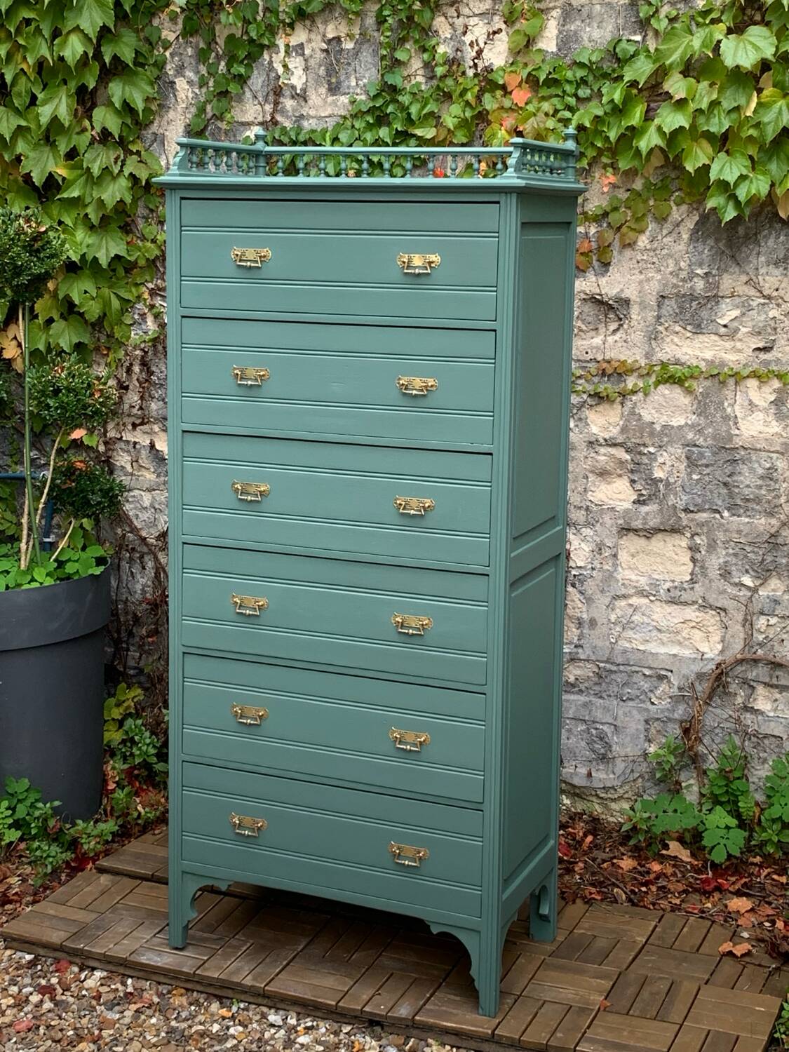 Old grey green high chest of drawers H160