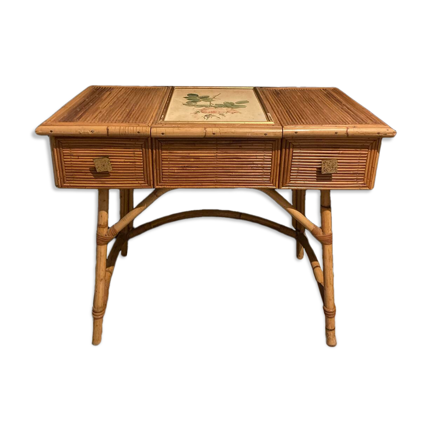 Hairdresser, vintage rattan desk, in the style of Audoux Minet.