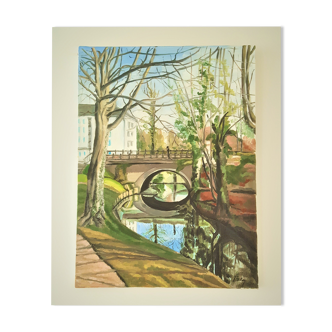 « Le Petit Pont », huile sur toile signée P. Berton