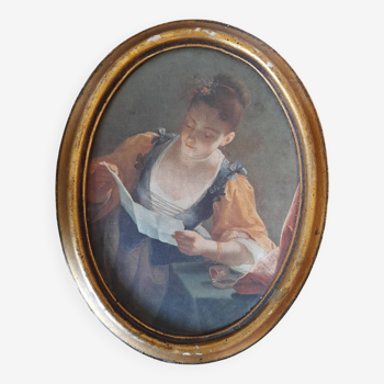 Cadre ovale doré ancien, reproduction la liseuse de Jean Raoux