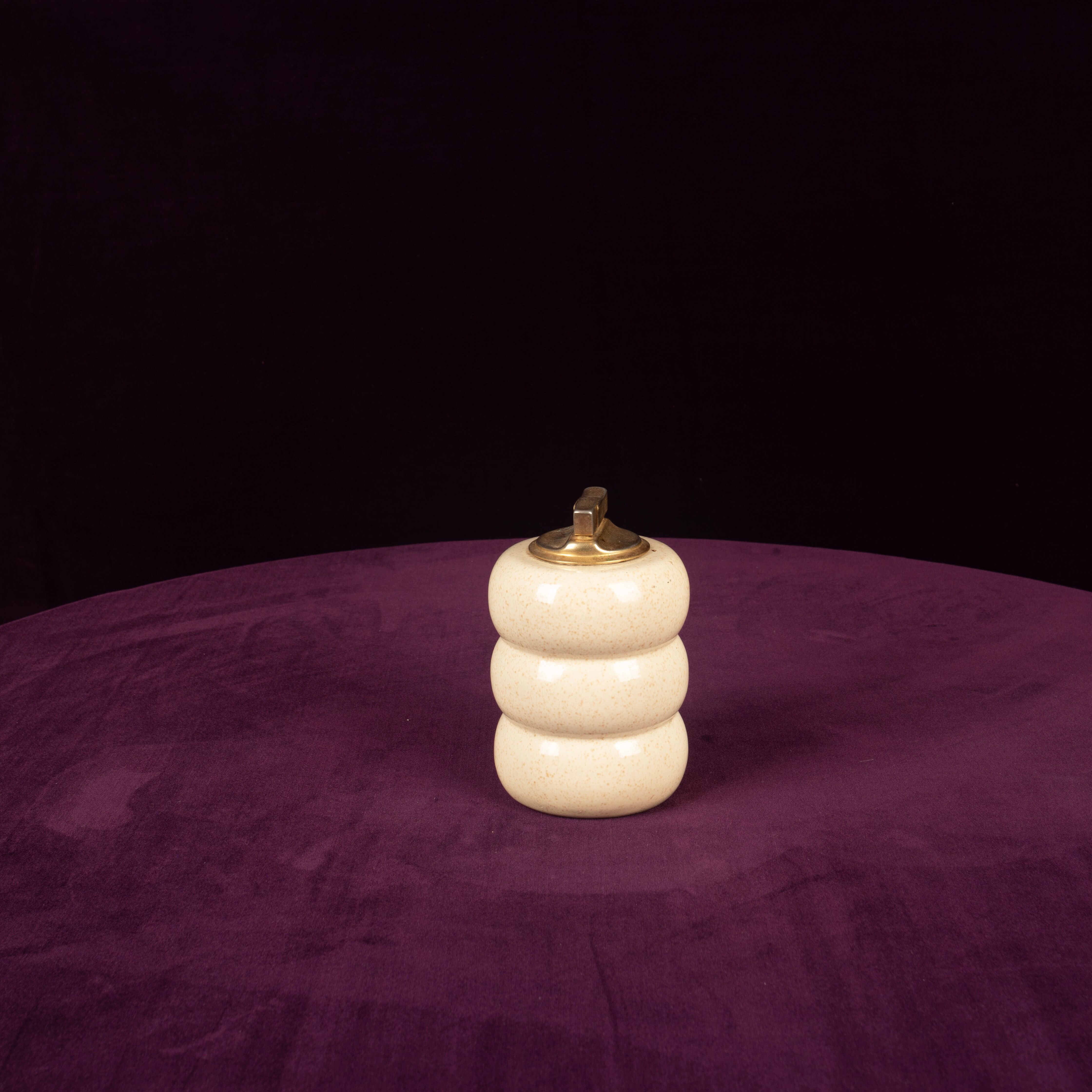 Tommaso Barbi Cream Speckled Ceramic and Brass Table Lighter 1970