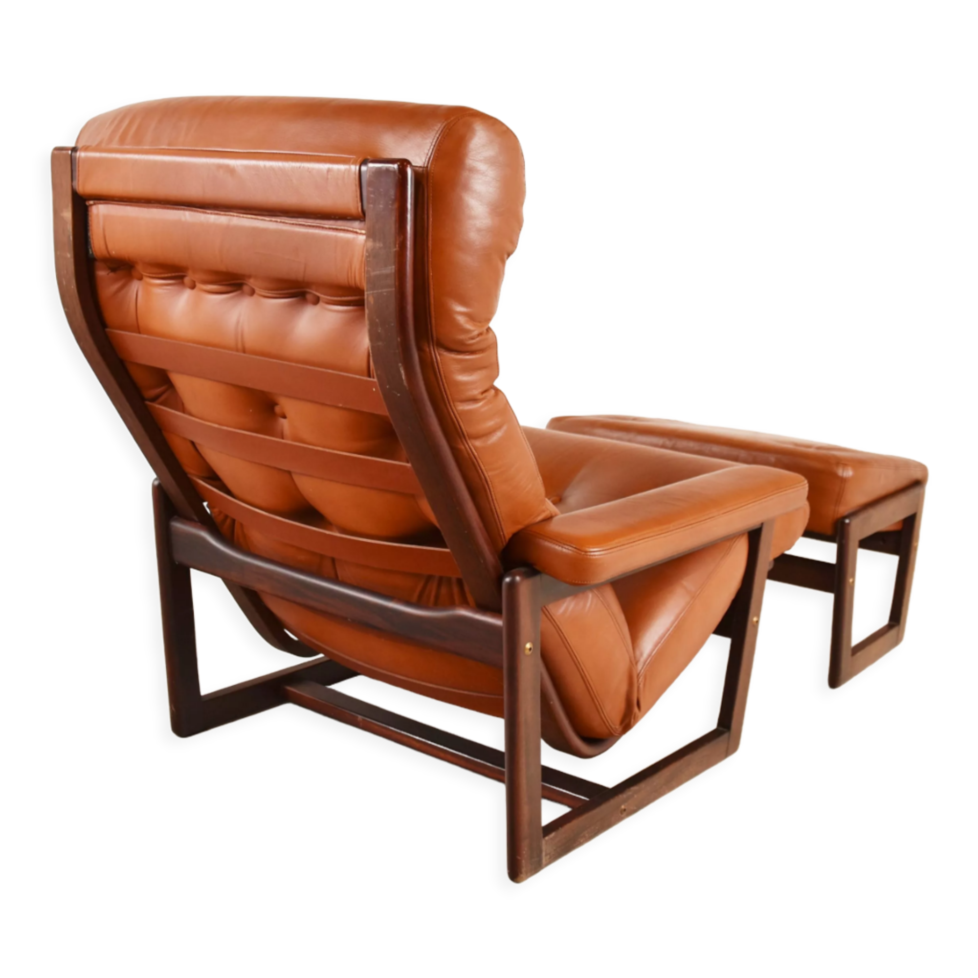 Vintage leather armchair with hocker, 1970s