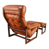 Vintage leather armchair with hocker, 1970s