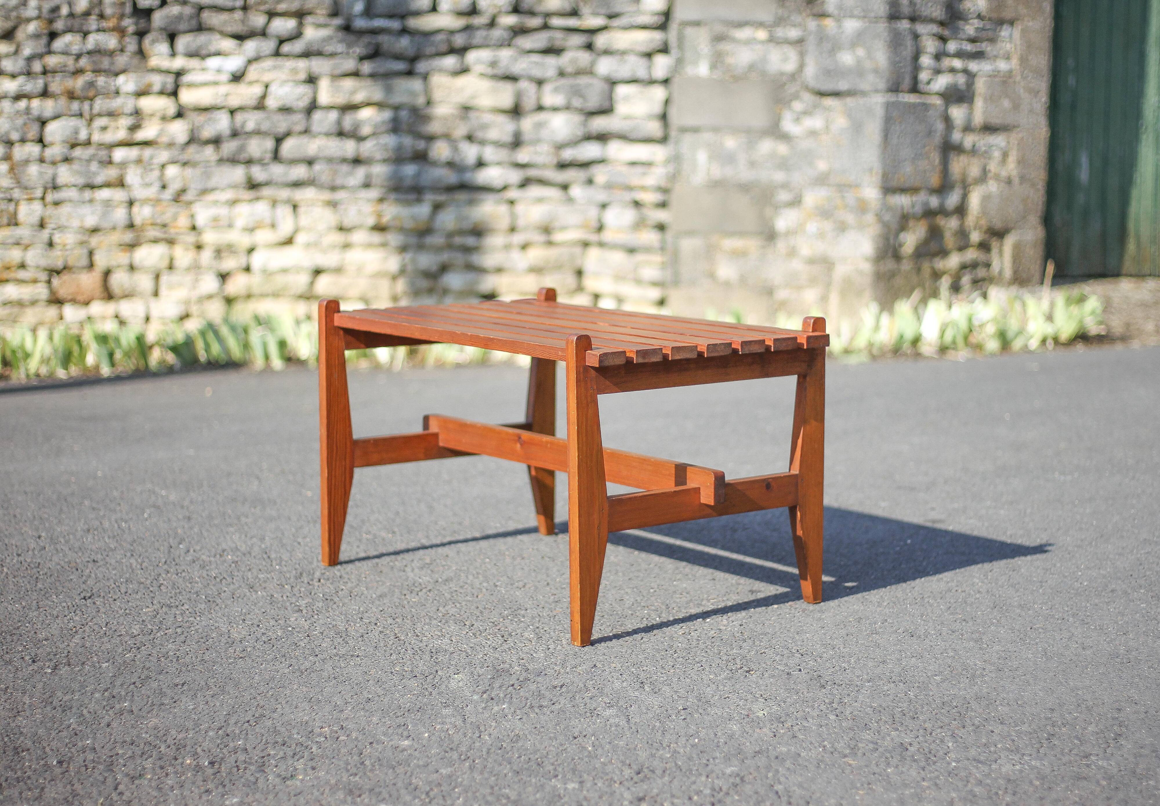 Small bench or table with vintage Scandinavian style wooden slats, wooden bench, wooden coffee table,