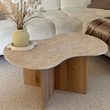 Cloud coffee table in travertine and dark oak.