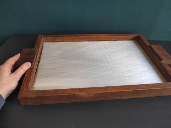 Plateau vintage français des années 50, chêne et verre