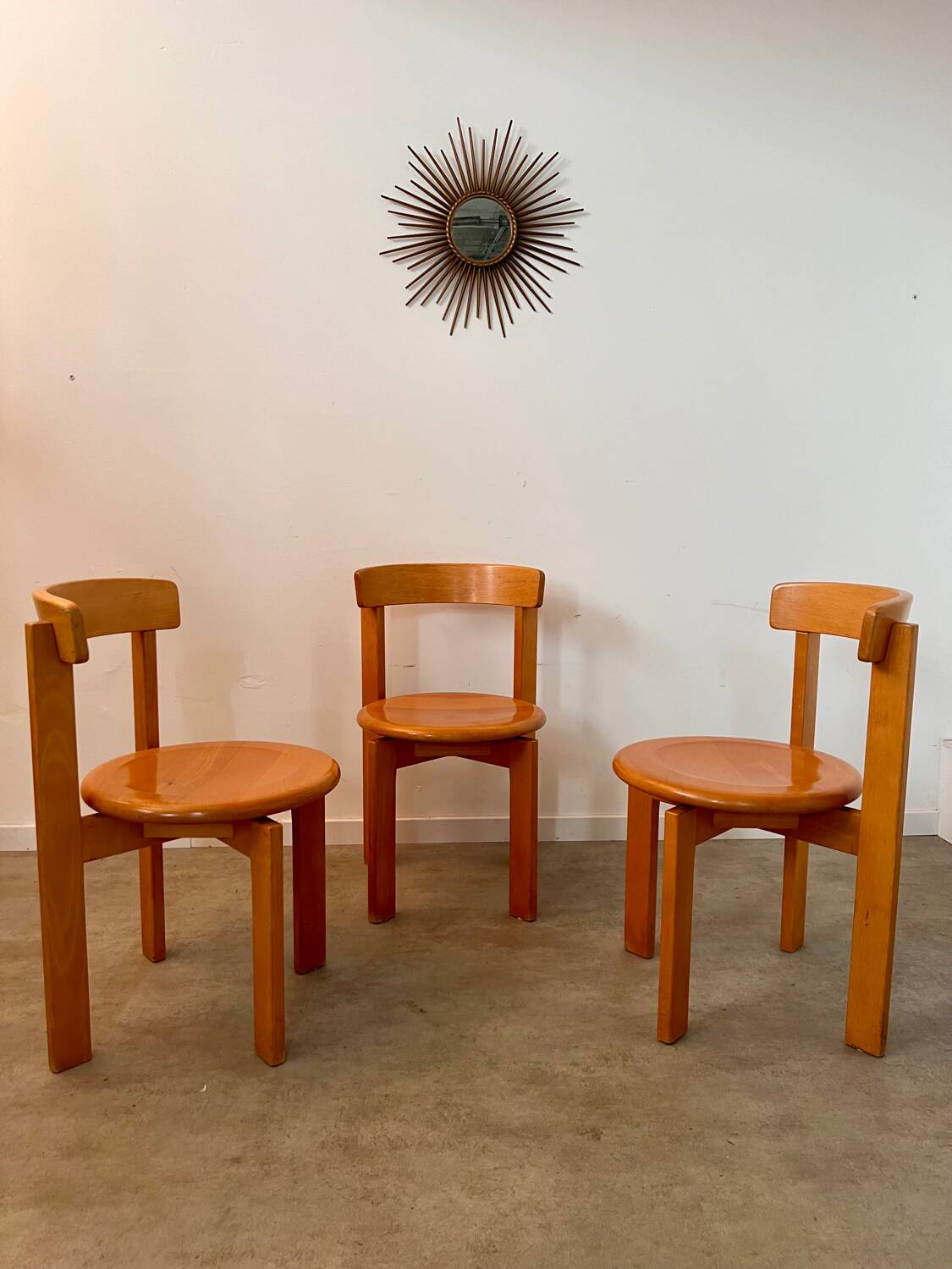 Set of 3 solid beech wood chairs, vintage 70s design